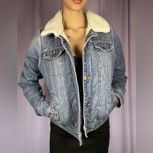 Cat & Jack Medium Wash Denim Jean Jacket Size XL Sherpa Fleece Collar Warm Fluff
